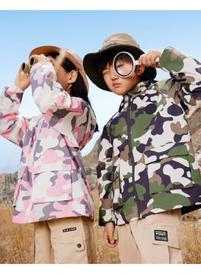 Annil Boys & Girls Kids Windbreaker Spring/autumn Loose Cargo Hooded Outdoor Functional Jacket - Image 1