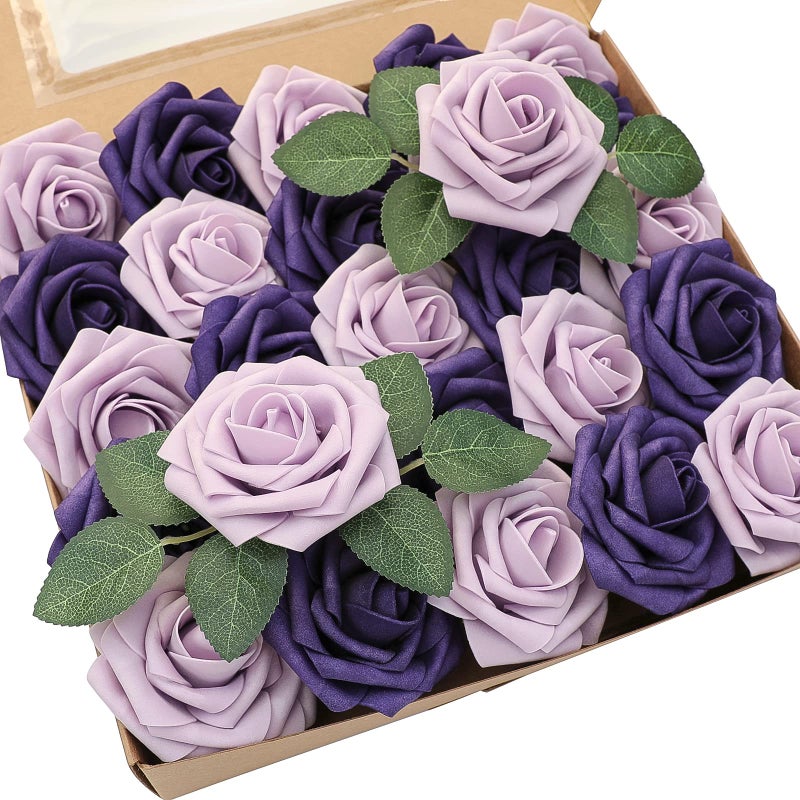 Floroom Artificial Flowers 25pcs Real Looking Lilac  Purple Foam Fake Roses with Stems for DIY Wedding Bouquets Bridal Shower Centerpieces Floral Arrangements Party Tables Home Decorations