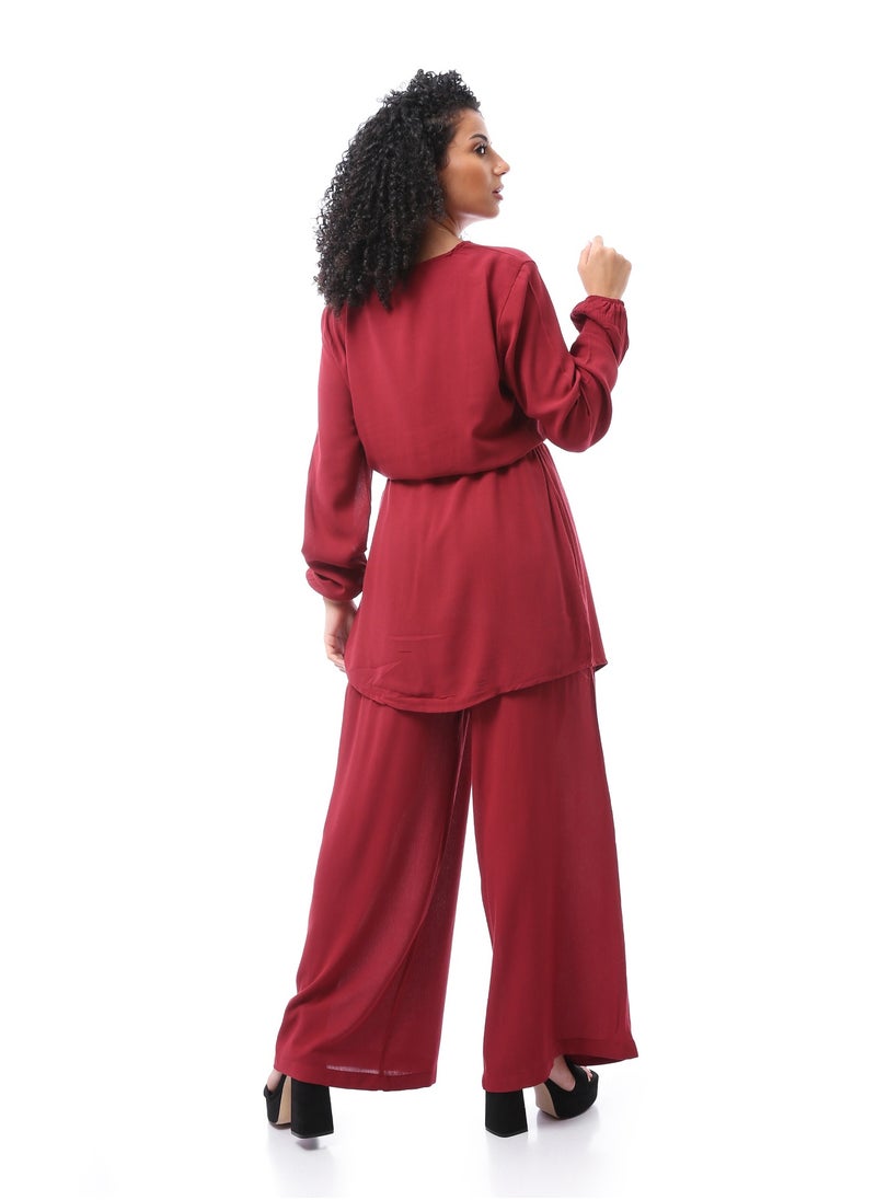 Andora - Solid Suit Set with Open V Neck - Dark Red - Image 1