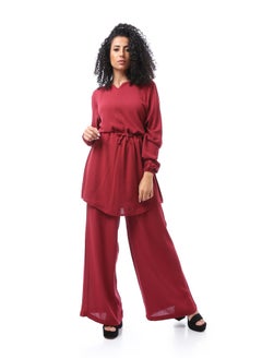 Solid Suit Set with Open V Neck - Dark Red