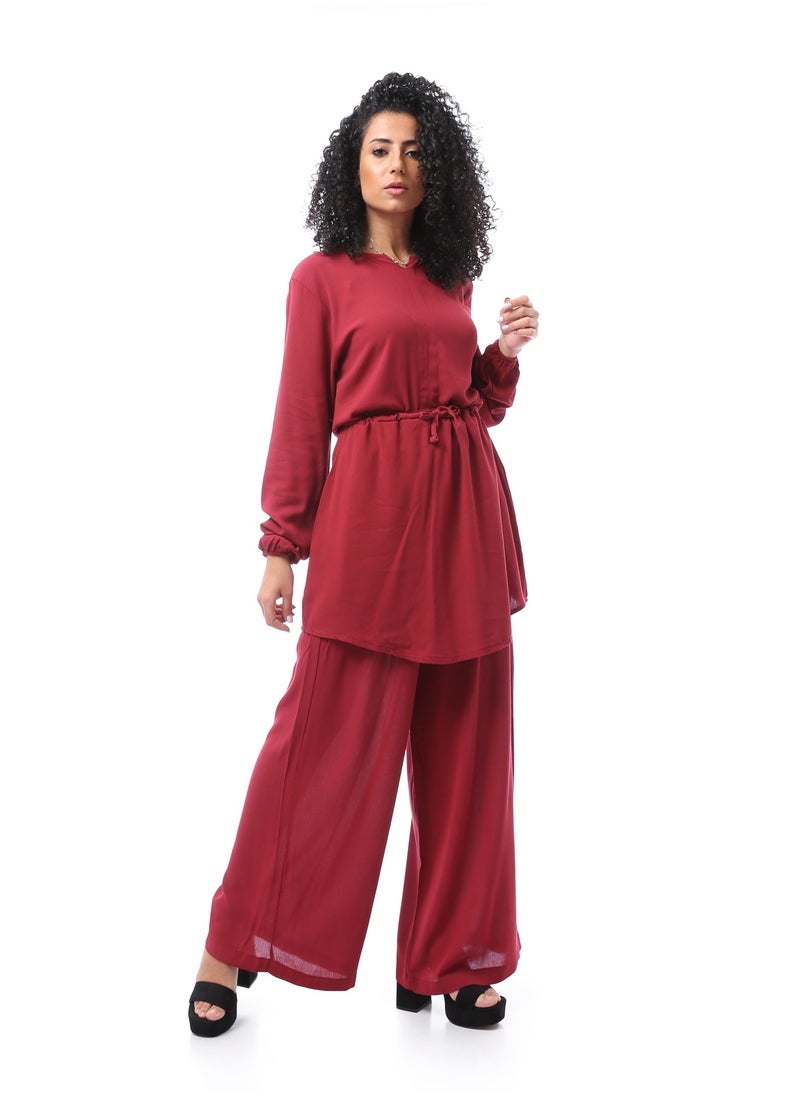 Andora - Solid Suit Set with Open V Neck - Dark Red - Image 1
