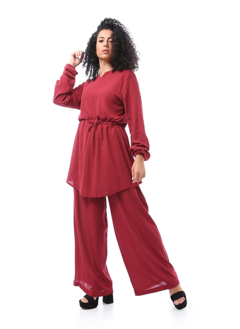 Andora - Solid Suit Set with Open V Neck - Dark Red - Image 1