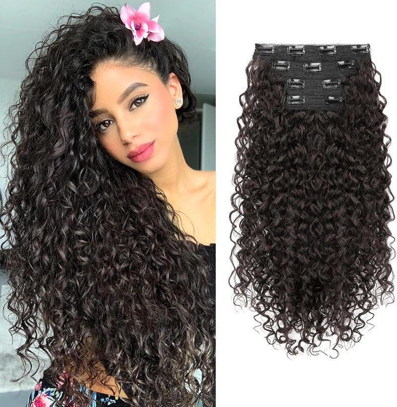 Flufymooz Clip in Hair Extensions, 4PC 100％ Pure Protein Silk Hair Extensions Long Soft Natural Hairpiece 20 Inch Curly Hair Extension for Women (Dark Chocolate Brown) - Image 1