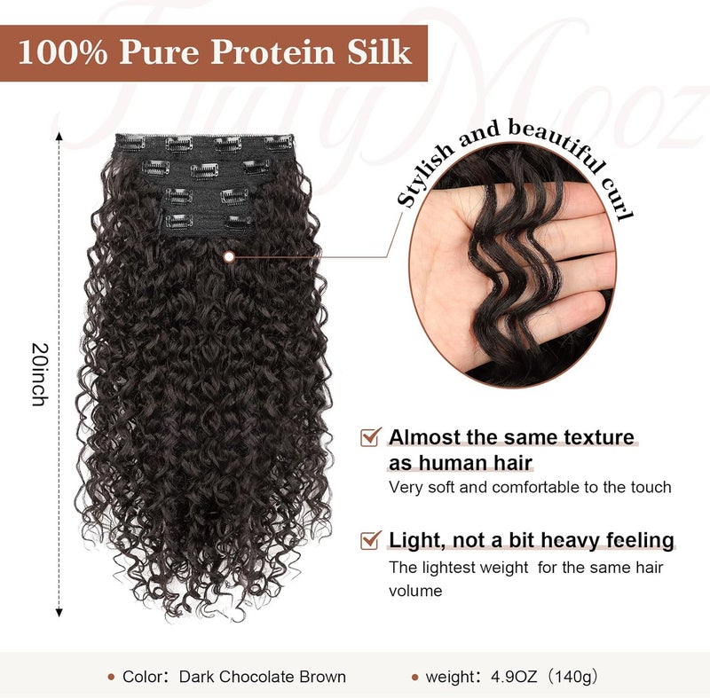 Flufymooz Clip in Hair Extensions, 4PC 100％ Pure Protein Silk Hair Extensions Long Soft Natural Hairpiece 20 Inch Curly Hair Extension for Women (Dark Chocolate Brown) - Image 2
