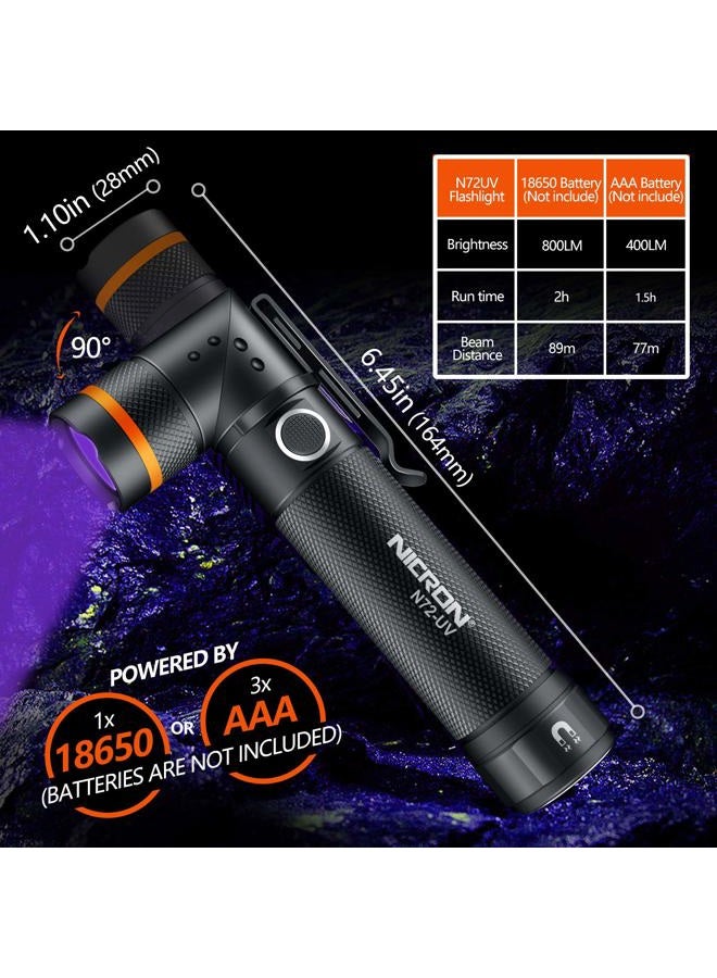 NICRON UV Flashlight, N72-UV 800LM White Light, Freely Switch Between White Light and UV Light Detector for Dog Urine, Wet Stains Bed Bugs,Camping, Outdoor,Maintain (18650/AAA Not Included) - Image 2