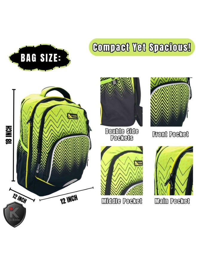 i-kola Green Black 18" School Bag | School Backpack For Teenagers | 3 Compartments | PVC Material | School Bags | Backpack For School | School Bag For Boys School | Bag For Girls (I-70017 18BP) - Image 2