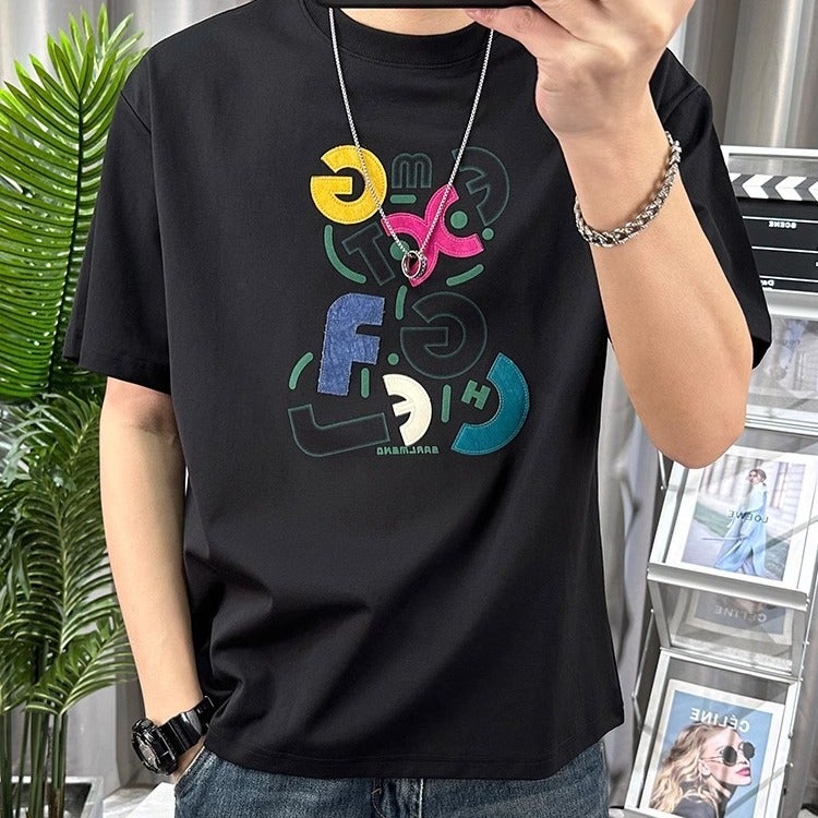 Short-Sleeved T-Shirt Men'S Fashionable Brand Handsome Korean-Style Slim-Fit Pure Cotton Cyber Popular Duffian Handsome Printed Young Man T-Shirt - Image 4
