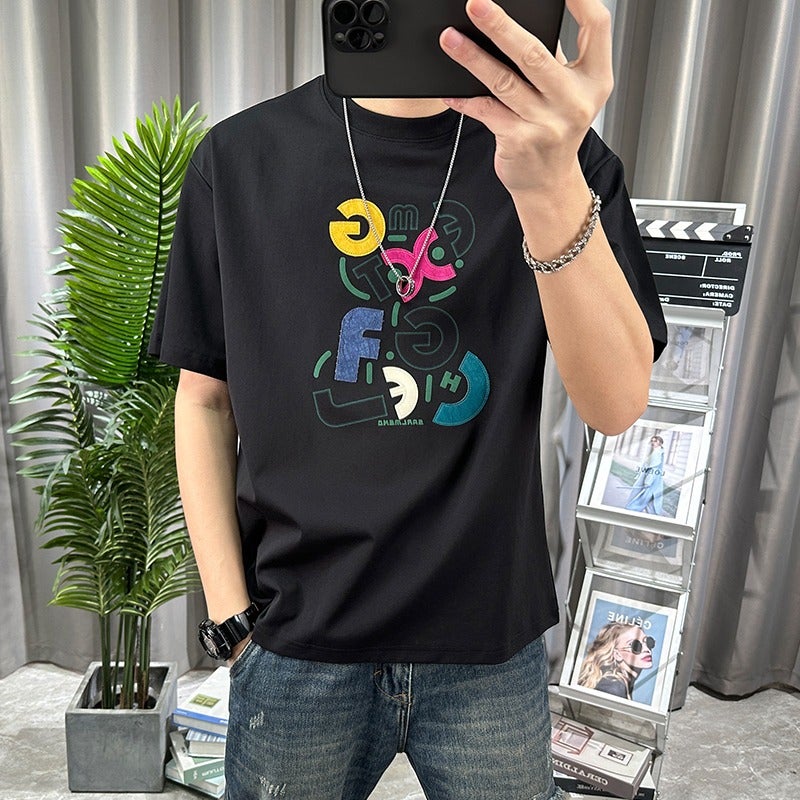 Short-Sleeved T-Shirt Men'S Fashionable Brand Handsome Korean-Style Slim-Fit Pure Cotton Cyber Popular Duffian Handsome Printed Young Man T-Shirt - Image 1