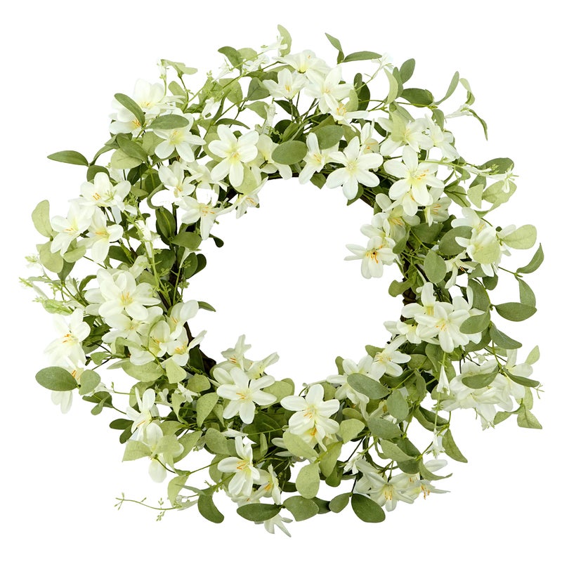 WreathDream 18'' Spring Wreath Summer Wreath for Front Door with Green Eucalyptus Leaves and White Cherry Blossoms for Home Outdoor Farmhouse Porch Wall Decoration, White Gift Box Included - Image 1