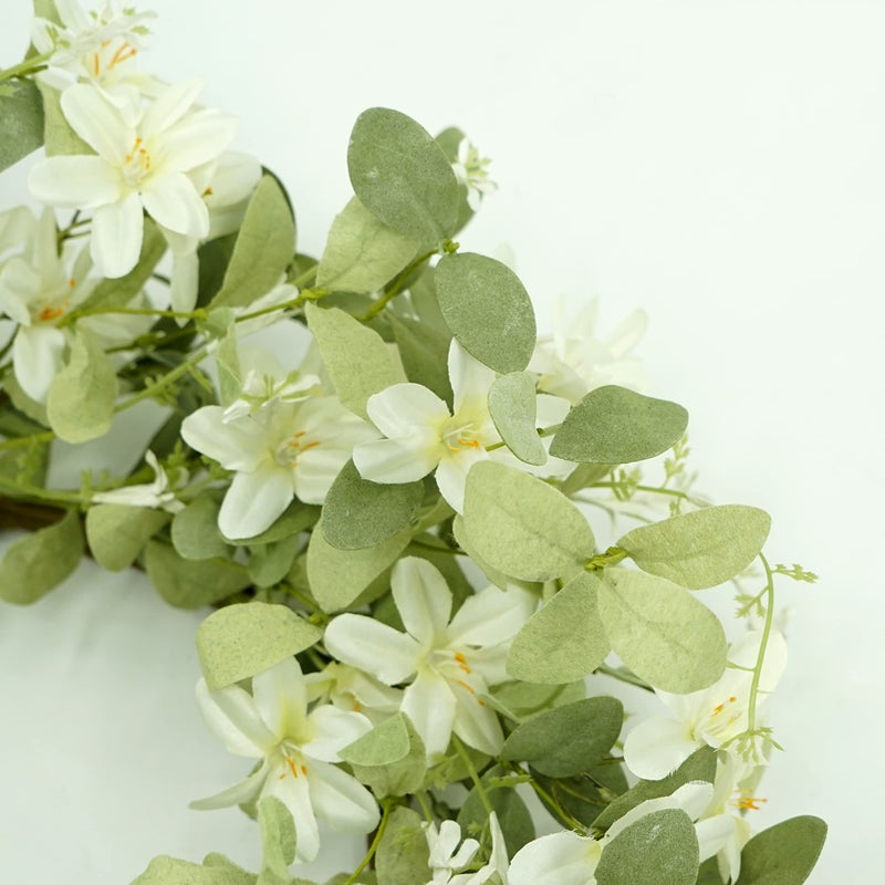 WreathDream 18'' Spring Wreath Summer Wreath for Front Door with Green Eucalyptus Leaves and White Cherry Blossoms for Home Outdoor Farmhouse Porch Wall Decoration, White Gift Box Included - Image 5