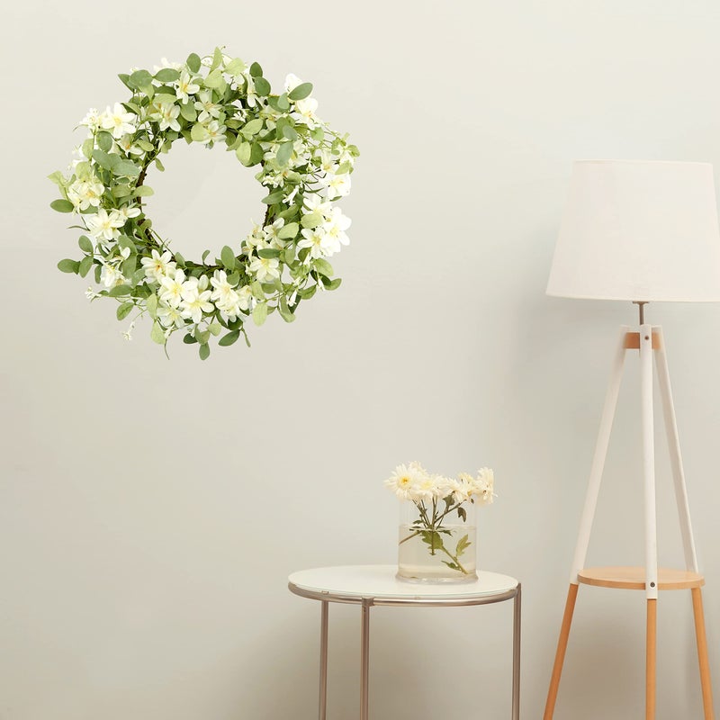 WreathDream 18'' Spring Wreath Summer Wreath for Front Door with Green Eucalyptus Leaves and White Cherry Blossoms for Home Outdoor Farmhouse Porch Wall Decoration, White Gift Box Included - Image 2