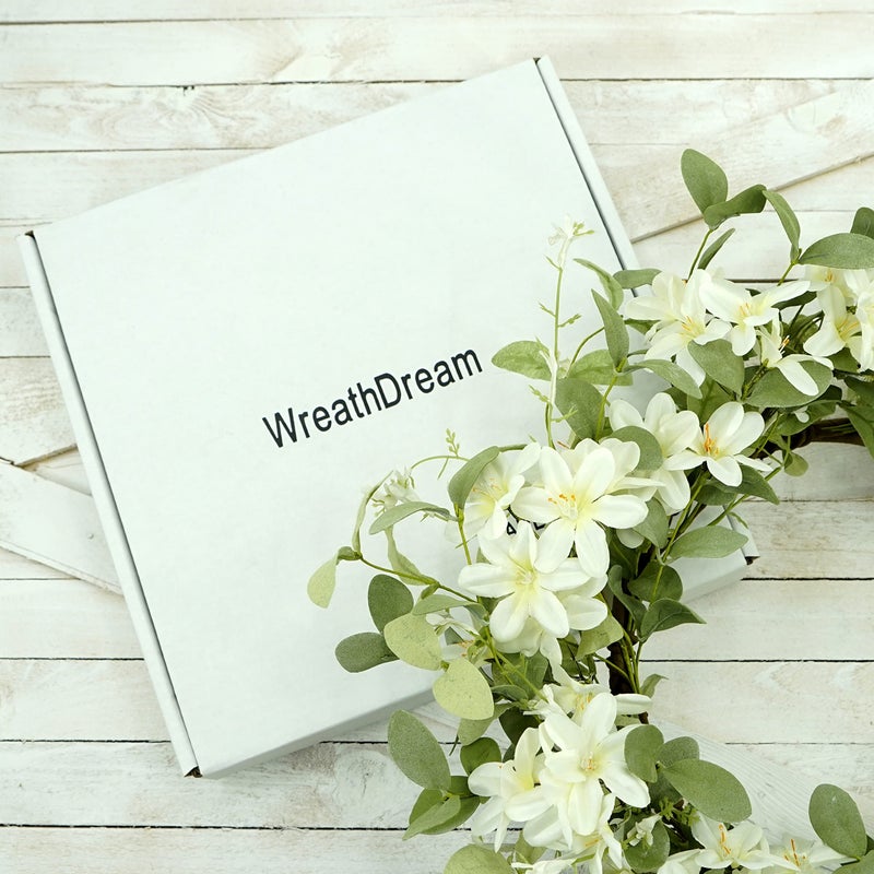 WreathDream 18'' Spring Wreath Summer Wreath for Front Door with Green Eucalyptus Leaves and White Cherry Blossoms for Home Outdoor Farmhouse Porch Wall Decoration, White Gift Box Included - Image 4