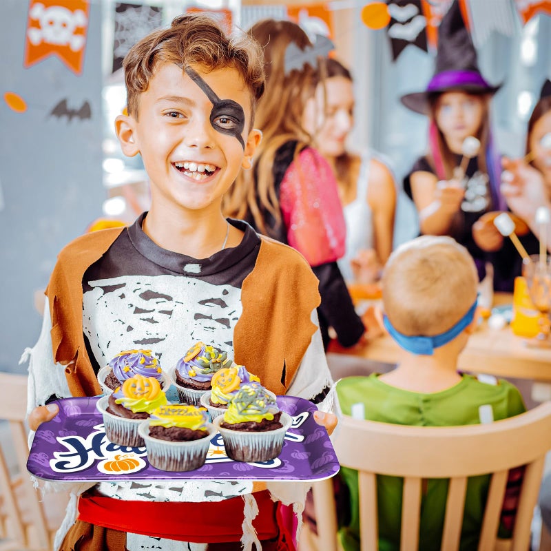 Zubebe 3 Pcs 13 x 10 Inch Halloween Serving Tray  Reusable Serving Dishes  Melamine Black Orange Purple Platter  Pumpkin Bat Witch Hat Trays  Snacks Fruit Dessert Candy Holder Dishes for Halloween Party - Image 3