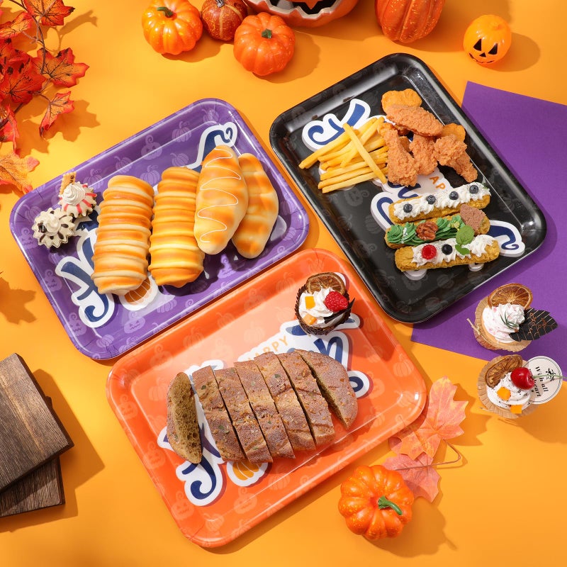 Zubebe 3 Pcs 13 x 10 Inch Halloween Serving Tray  Reusable Serving Dishes  Melamine Black Orange Purple Platter  Pumpkin Bat Witch Hat Trays  Snacks Fruit Dessert Candy Holder Dishes for Halloween Party - Image 2