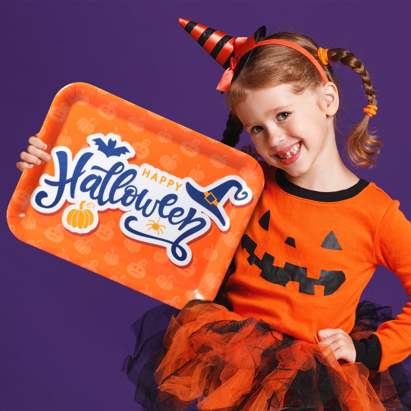 Zubebe 3 Pcs 13 x 10 Inch Halloween Serving Tray  Reusable Serving Dishes  Melamine Black Orange Purple Platter  Pumpkin Bat Witch Hat Trays  Snacks Fruit Dessert Candy Holder Dishes for Halloween Party - Image 5
