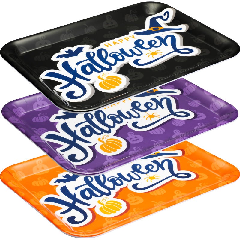 Zubebe 3 Pcs 13 x 10 Inch Halloween Serving Tray  Reusable Serving Dishes  Melamine Black Orange Purple Platter  Pumpkin Bat Witch Hat Trays  Snacks Fruit Dessert Candy Holder Dishes for Halloween Party - Image 1