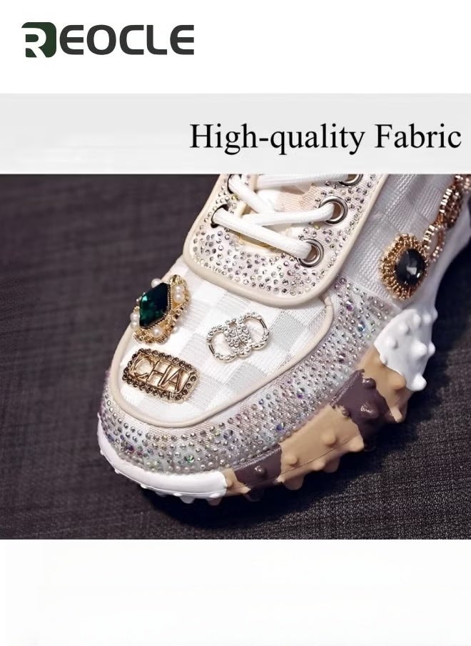 ريوكل حذاء رياضي نسائي سميك بنعل سميك مع أحجار الراين حذاء رياضي كاجوال شبكي جديد مريح برباط للمشي - Image 5
