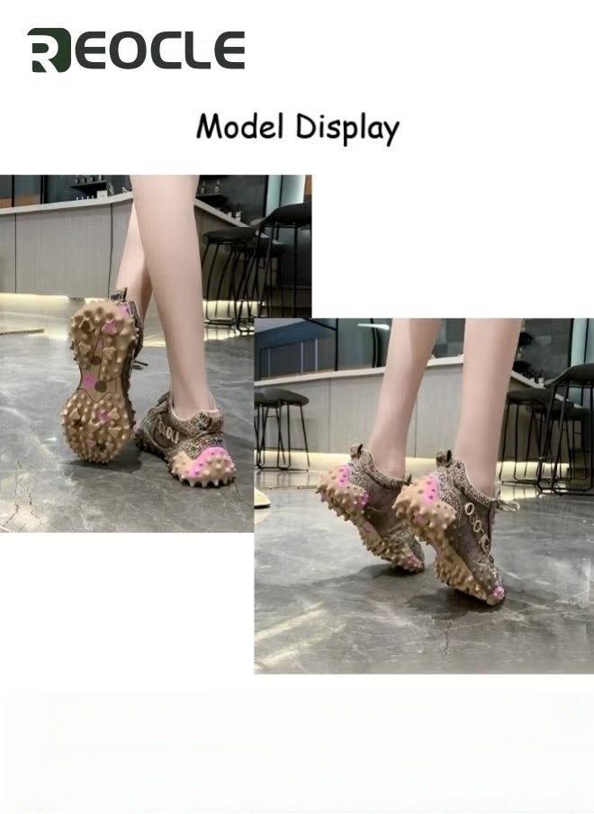 ريوكل حذاء رياضي نسائي سميك بنعل سميك مع أحجار الراين حذاء رياضي كاجوال شبكي جديد مريح برباط للمشي - Image 3