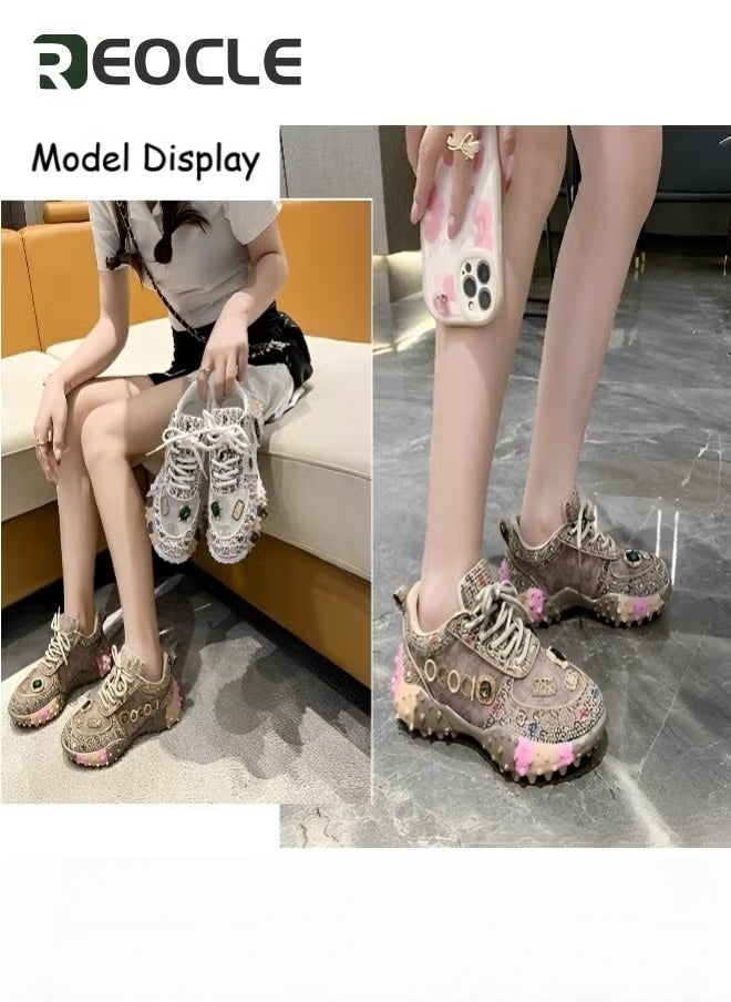 ريوكل حذاء رياضي نسائي سميك بنعل سميك مع أحجار الراين حذاء رياضي كاجوال شبكي جديد مريح برباط للمشي - Image 2