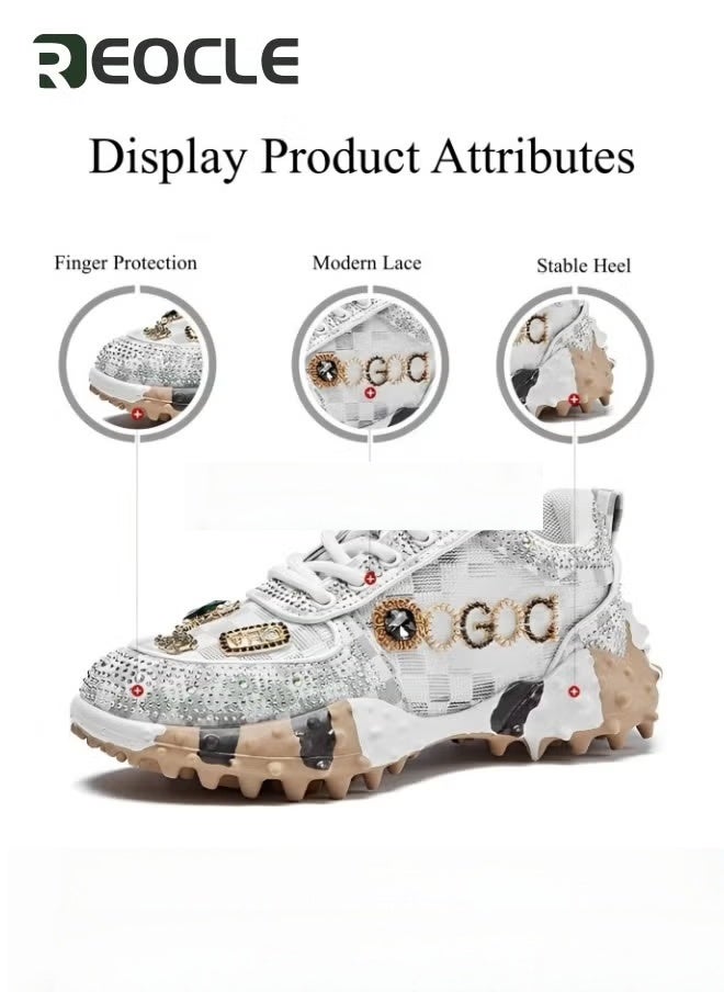 ريوكل حذاء رياضي نسائي سميك بنعل سميك مع أحجار الراين حذاء رياضي كاجوال شبكي جديد مريح برباط للمشي - Image 4