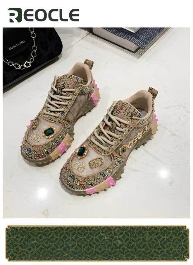 ريوكل حذاء رياضي نسائي سميك بنعل سميك مع أحجار الراين حذاء رياضي كاجوال شبكي جديد مريح برباط للمشي - Image 1