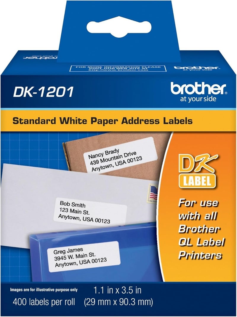 Brother Genuine DK-1201 Die-Cut Standard Rolled Address Labels for QL Printers - 400 Labels per Roll - Image 1