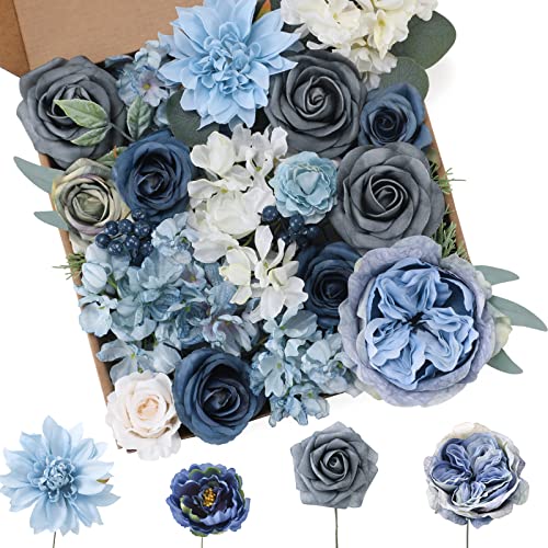 Floweroyal Artificial Flowers Combo Dusty Blue Flowers Mix Silk Flowers Dahlia Roses with Stems for DIY Wedding Bridal Bouquets, Baby Shower, Floral Arrangement, Table Centerpieces, Home Decorations. - Image 1
