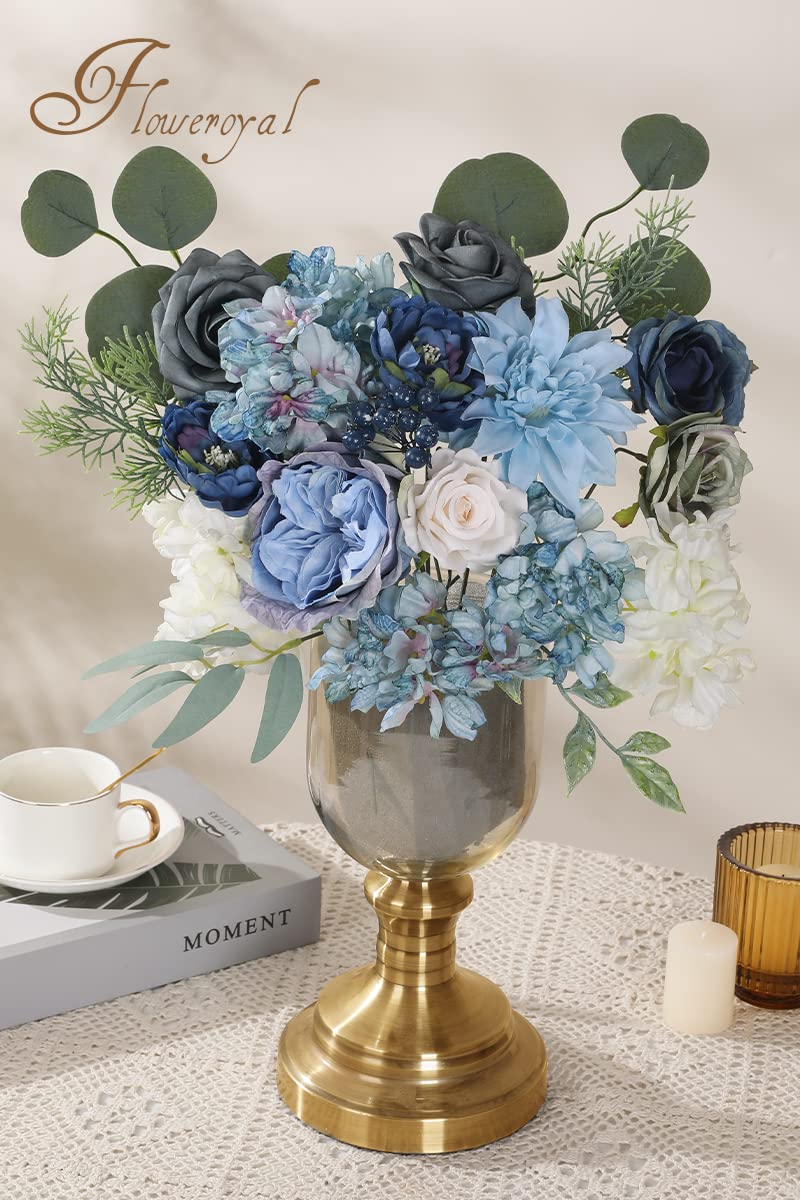 Floweroyal Artificial Flowers Combo Dusty Blue Flowers Mix Silk Flowers Dahlia Roses with Stems for DIY Wedding Bridal Bouquets, Baby Shower, Floral Arrangement, Table Centerpieces, Home Decorations. - Image 4