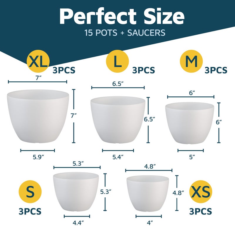 LifeMaster White Plant Pots with Drainage Holes & Saucers 15 Pack, Indoor & Outdoor Stackable Space-Saving Planters for Houseplants & Flowers, (7", 6.7", 6", 5.3", and 4.8" Inches), Durable & Weatherproof - Image 2
