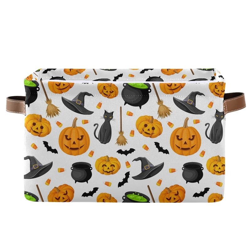 senya Halloween Basket Large Foldable Storage Basket with Handles Halloween Pumpkin Black Cat Ghost Bat Pattern Fabric Collapsible Storage Bins Organizer Bag for Storage