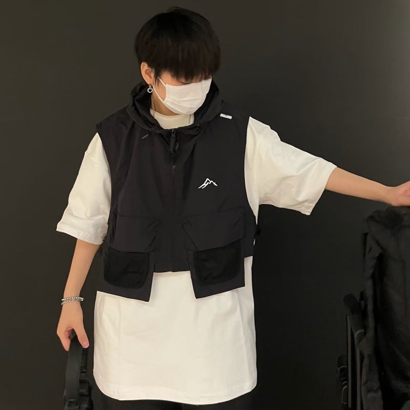 Cross-border Crisis Youth Mountain Outdoor Function Short Hooded Vest Mens and Womens Japanese Tooling Leisure Spring and Summer Outside Black - Image 4