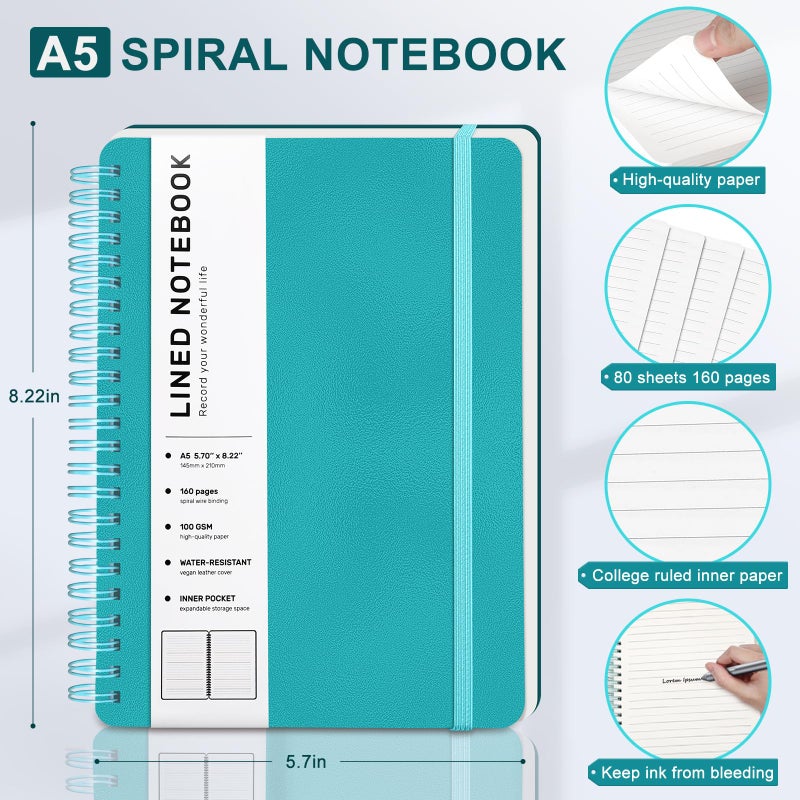 ABERLLS Turquoise Lined Spiral Journal Notebook With 160 Pages  8?5.7In  A5 Spiral Notebook  Journaling Notebooks For Work  School  Women  Men  College Ruled Spiral Notebook  Hardcover Leather Journals - Image 2