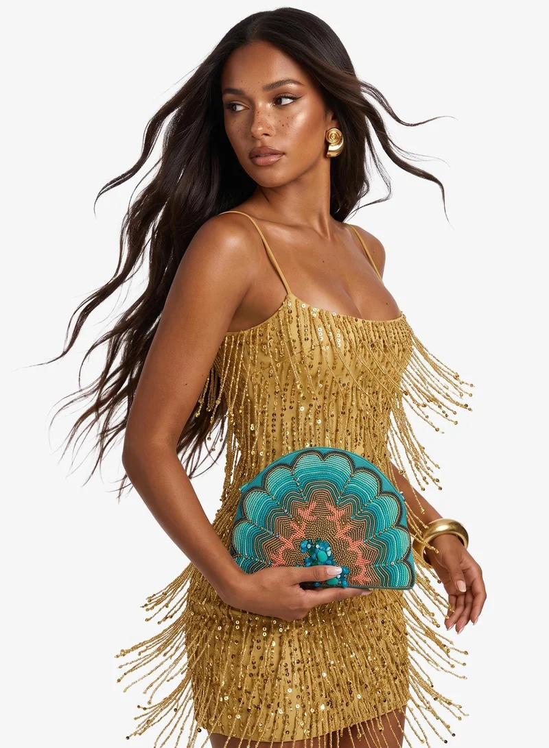 Embroidered Beaded Seashell Clutch With Chain