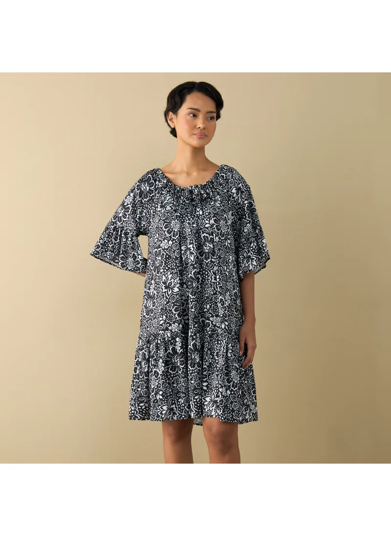 FAV All-Over Floral Print Satin Night Dress with Extended Sleeves