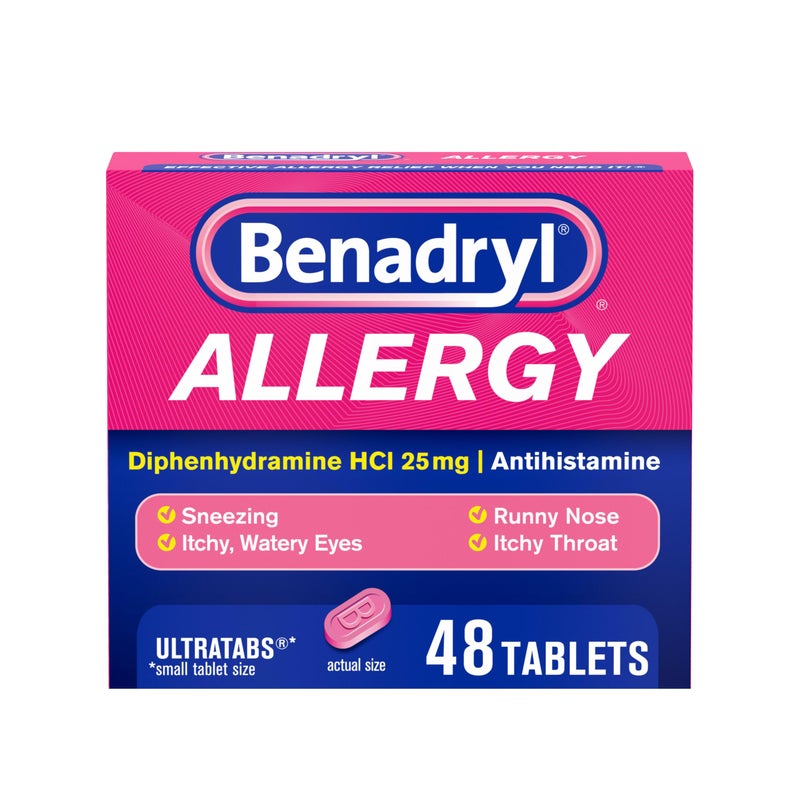 Benadryl Ultratabs Antihistamine Allergy Relief Medicine, 25 mg Diphenhydramine HCl Tablets for Relief of Cold & Allergy Symptoms Such as Sneezing, Runny Nose, & Itchy Eyes & Throat, 48 ct - Image 1