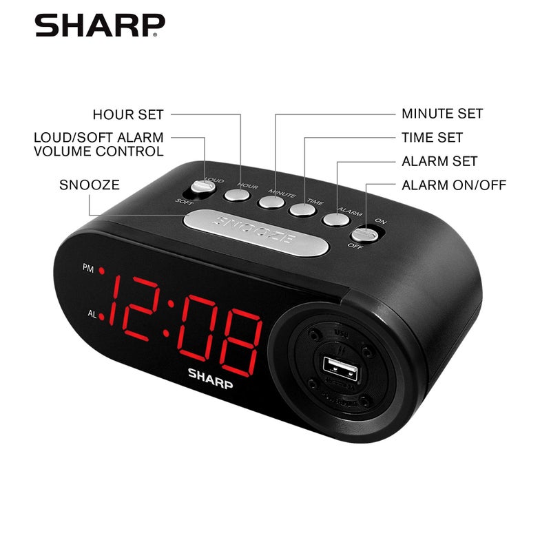 Sharp Digital Easy to Read Alarm Clock with 2 AMP High-Speed USB Charging Power Port - Charge Your Phone, Tablet with a high Speed Charge! Simple, Easy to Use Operation, Midnight Black - Image 4