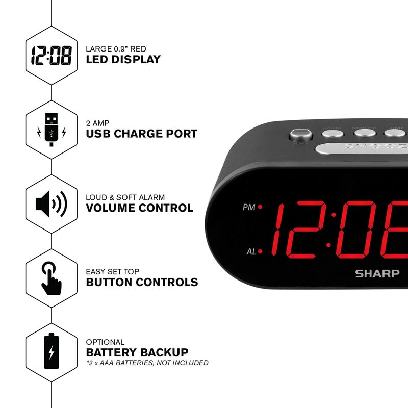 Sharp Digital Easy to Read Alarm Clock with 2 AMP High-Speed USB Charging Power Port - Charge Your Phone, Tablet with a high Speed Charge! Simple, Easy to Use Operation, Midnight Black - Image 3