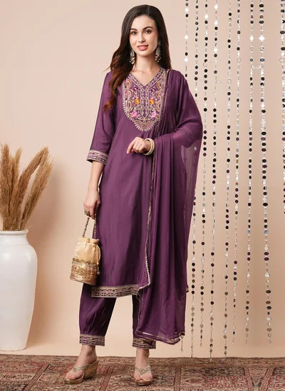 globus Globus Women Floral Yoke Design Straight Sequinned Kurta With Salwar & Dupatta Festive Set