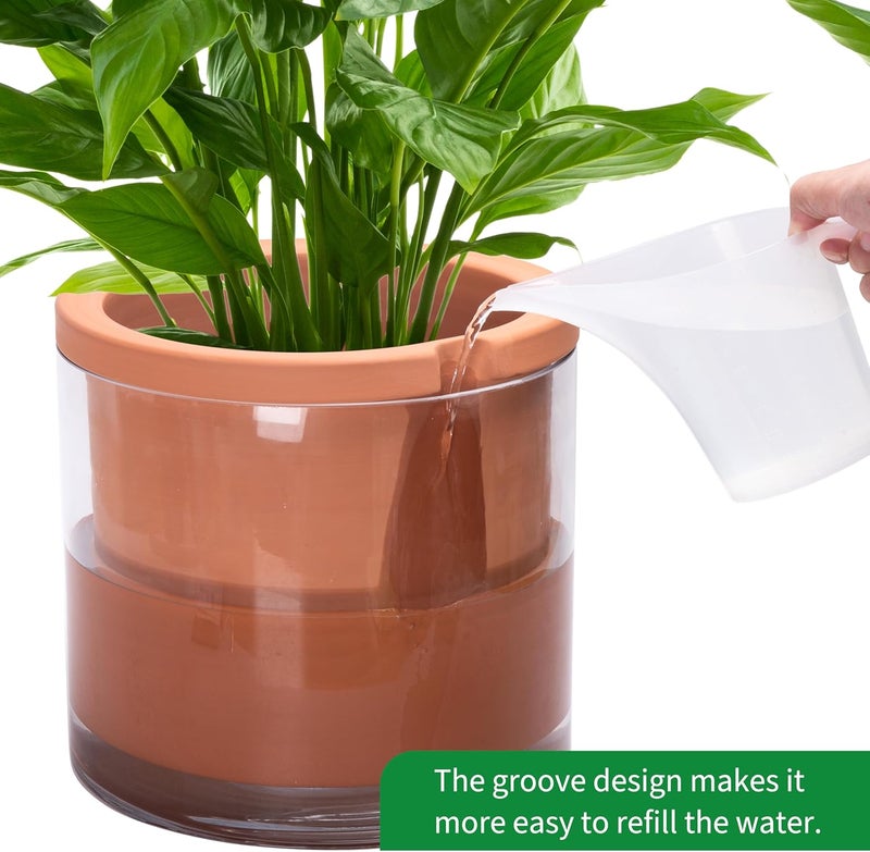 Phoenix Vine 10 Inch Self Watering Planter, White Terracotta Pot for Plants, Indoor Cylinder Terra Cotta Pot with Glass Vase - Image 4