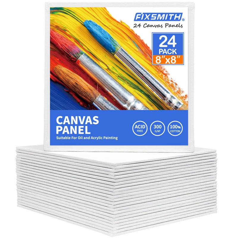 FIXSMITH Canvas Boards for Painting 8x8 Inch Super Value 24 Pack Paint Canvases White Blank Canvas Panels 100 Cotton Primed Painting Art Supplies