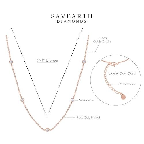 SAVEARTH DIAMONDS Five Stone Station Necklace for Women 1/2 Carat (ctw) Round Lab Created Moissanite Bezel-Set Choker Necklace 15"+3'' Extender in 18K Rose Gold Plated Jewelry for Her (0.50 ctw) - Image 2