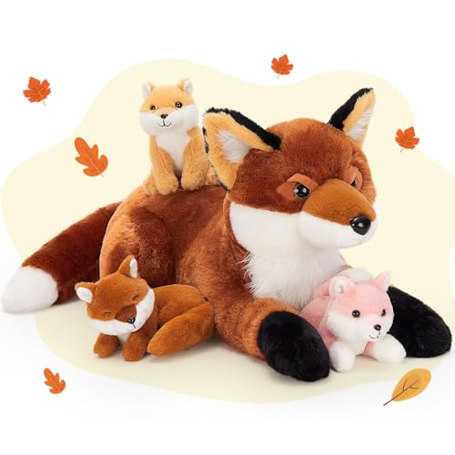 BENINY 4Pcs Fox Stuffed Animal Set Large Mommy Red Fox Plush 22 Inch with 3 Baby Foxes in Her Zippered Tummy Christmas Plushie Toy Gift for Girls and Kids - Image 1