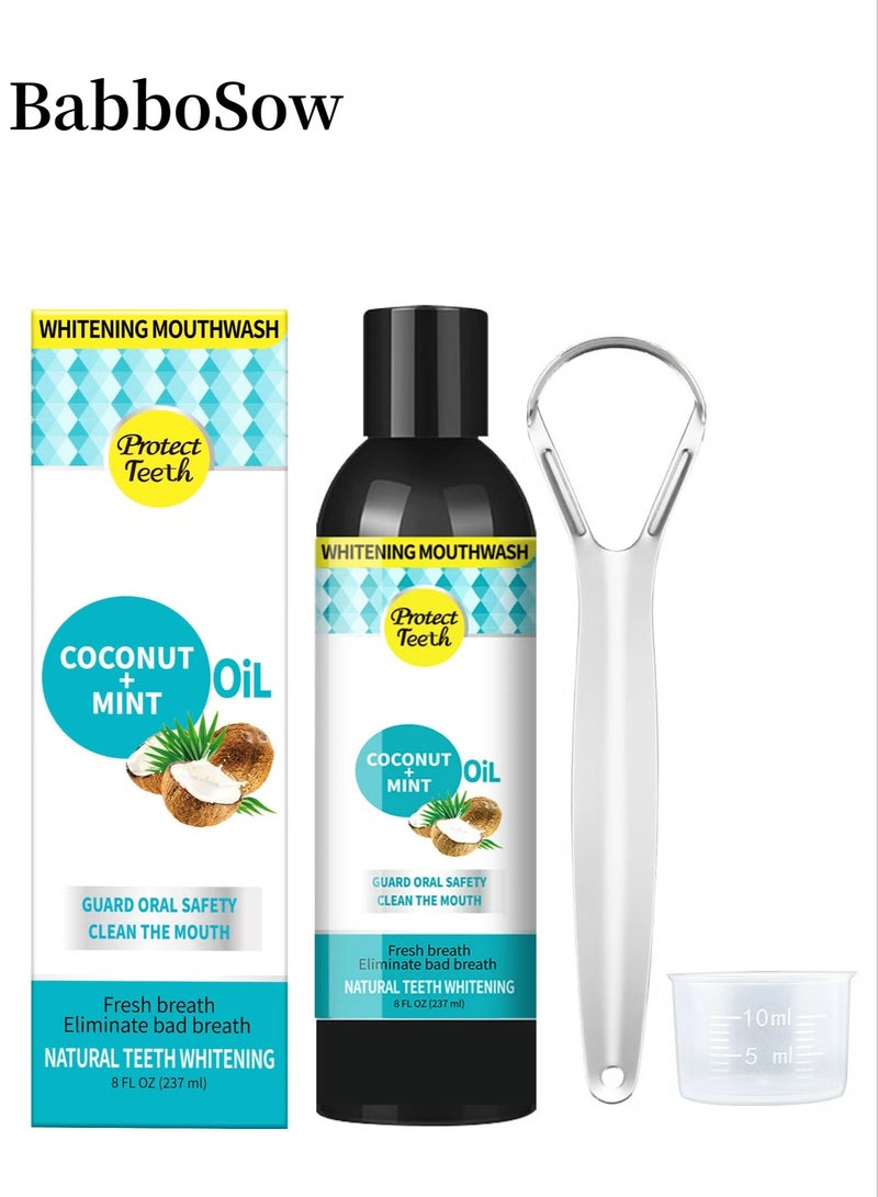 BabboSow Natural Coconut Oil Mouthwash, Whitening Mouthwash, Mouthwash Oil Containing Coconut Oil and Peppermint Oil, Fresh Breath, Whiten Teeth, Good for Teeth and Gum Health 8oz (With Tongue Scraper) - Image 1