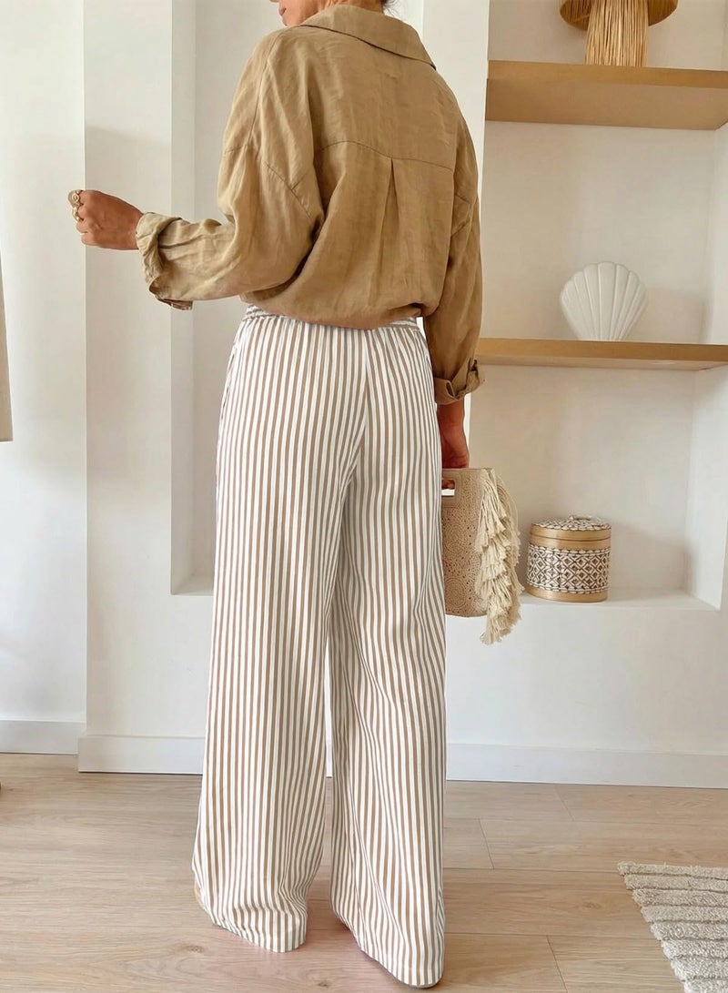 Acelitt Women's Casual Striped Loose Wide Leg Pants Drawstring Elastic High Waisted 2026 Summer Fashion Beach Pants Trousers Khaki XXL - Image 4