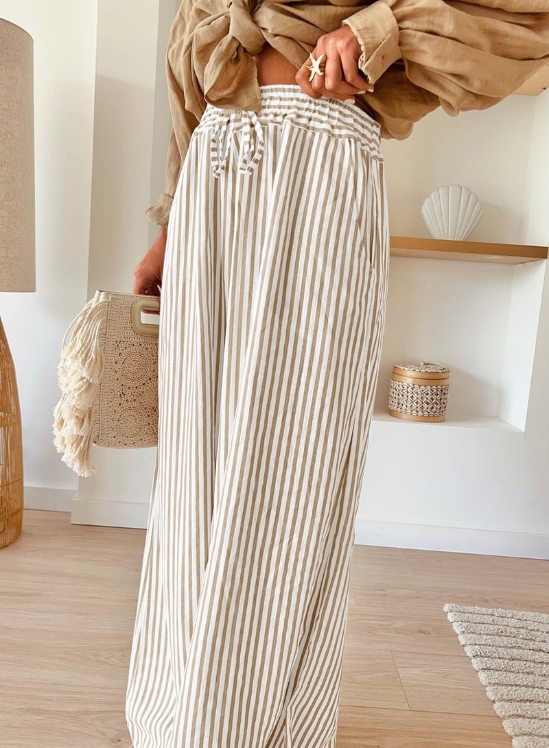 Acelitt Women's Casual Striped Loose Wide Leg Pants Drawstring Elastic High Waisted 2026 Summer Fashion Beach Pants Trousers Khaki XXL - Image 3