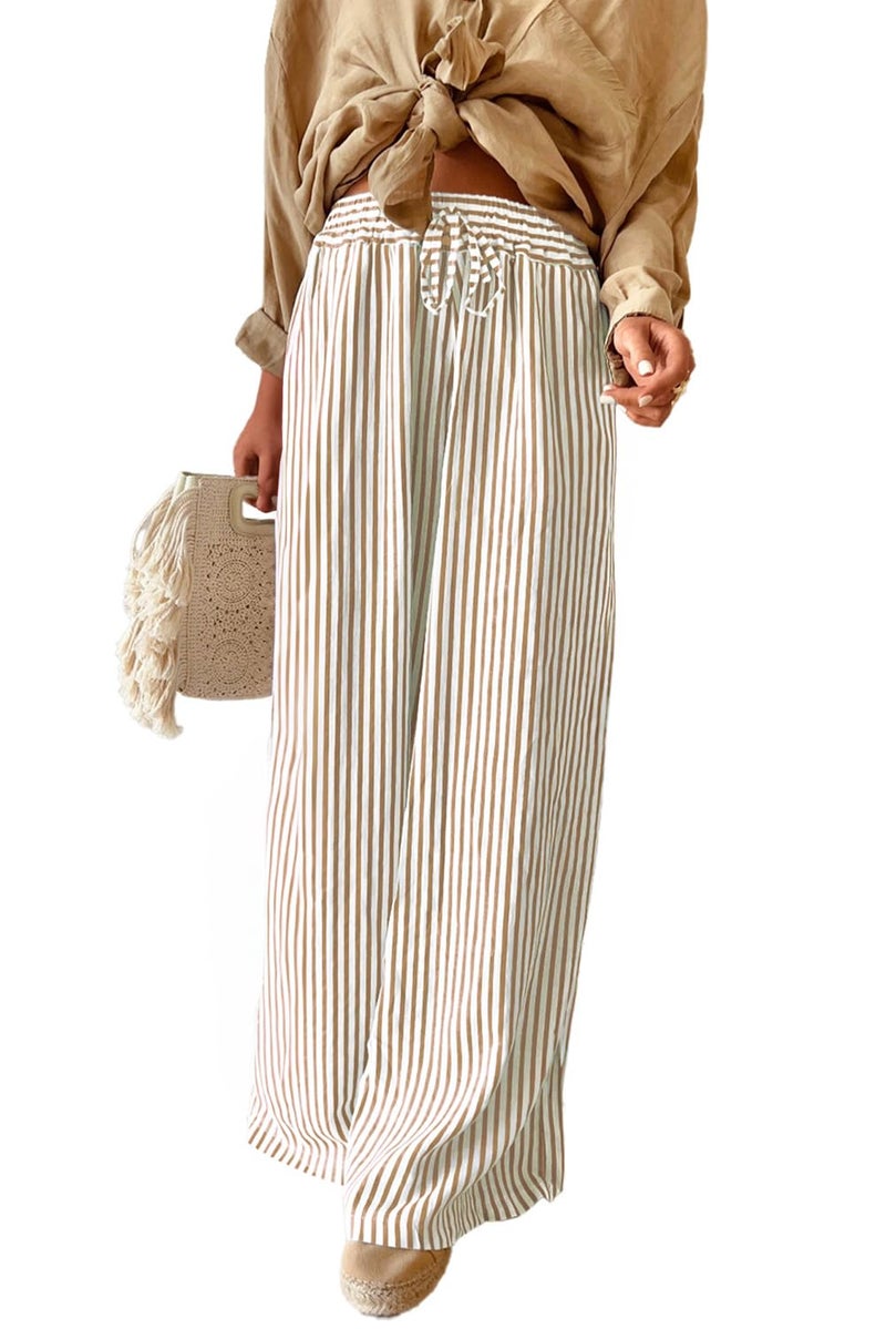 Acelitt Women's Casual Striped Loose Wide Leg Pants Drawstring Elastic High Waisted 2026 Summer Fashion Beach Pants Trousers Khaki XXL - Image 1