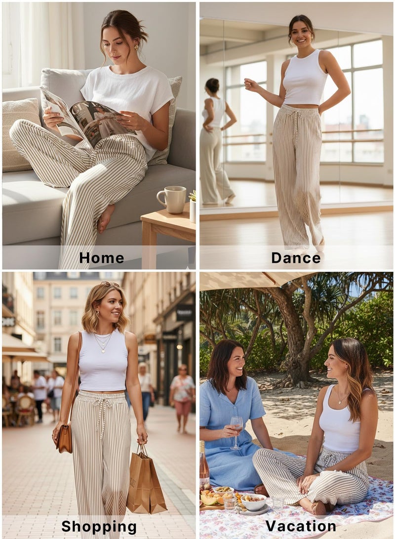 Acelitt Women's Casual Striped Loose Wide Leg Pants Drawstring Elastic High Waisted 2026 Summer Fashion Beach Pants Trousers Khaki XXL - Image 2