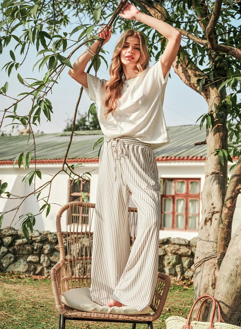 Acelitt Women's Casual Striped Loose Wide Leg Pants Drawstring Elastic High Waisted 2026 Summer Fashion Beach Pants Trousers Khaki XXL - Image 5