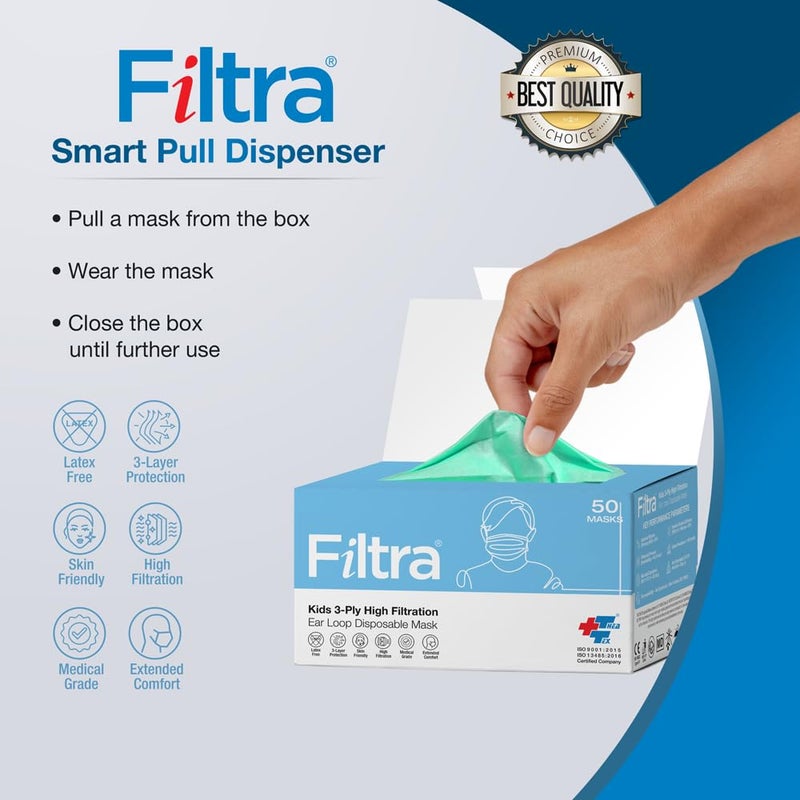 Filtra ® 3-Ply Ear Loop Kids Mask | Ages 3-18 | Kids Mask | Children's Mask | Ladies Mask | High Filtration | New extra tough courier packing | Box of 50 Masks - Image 2