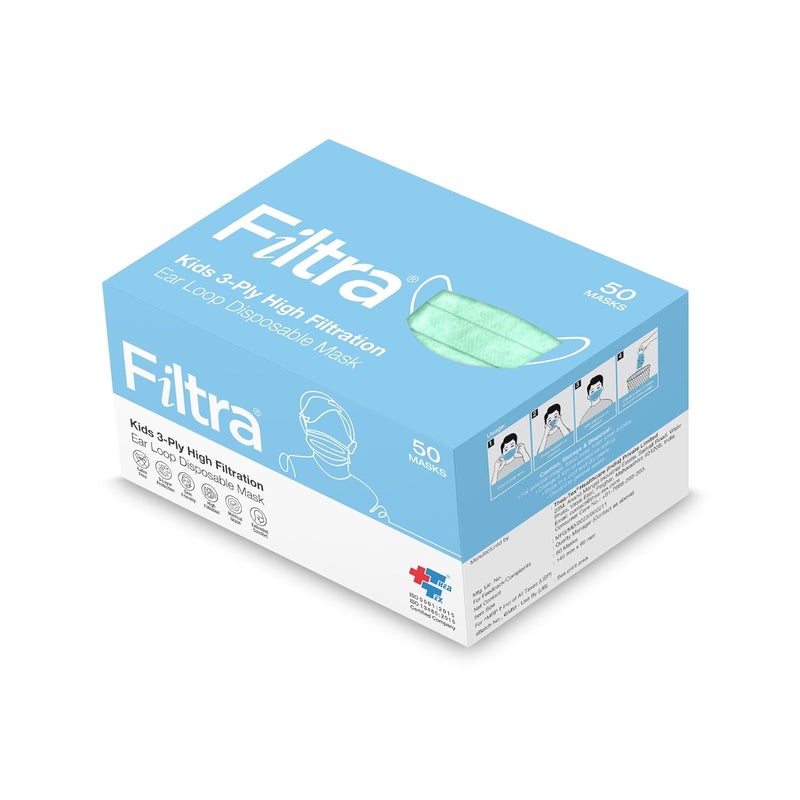 Filtra ® 3-Ply Ear Loop Kids Mask | Ages 3-18 | Kids Mask | Children's Mask | Ladies Mask | High Filtration | New extra tough courier packing | Box of 50 Masks - Image 1